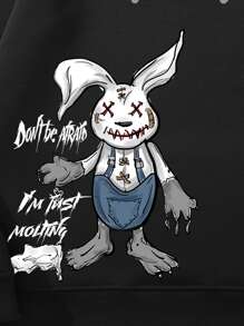 Manfinity Men Cartoon & Slogan Graphic Kangaroo Pocket Drawstring Thermal Hoodie - Black - View 3