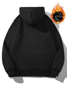 Manfinity Men Mountain & Slogan Graphic Kangaroo Pocket Drawstring Thermal Hoodie - Black - View 2