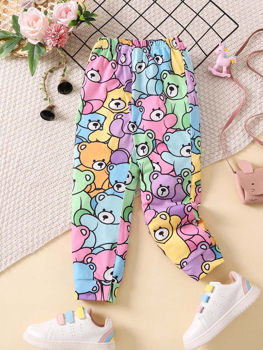 SHEIN Toddler Girls Cartoon Graphic Joggers - Multicolor - View 1