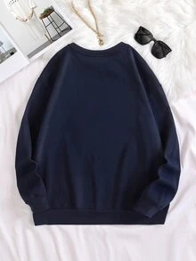 SHEIN LUNE Heart Print Thermal Lined Sweatshirt - Navy Blue - View 2
