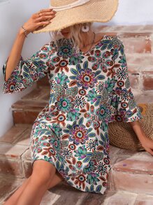SHEIN LUNE Floral Print Flounce Sleeve Tunic Dress - Apricot - View 1