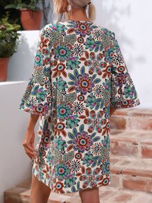 SHEIN LUNE Floral Print Flounce Sleeve Tunic Dress - Apricot - View 2