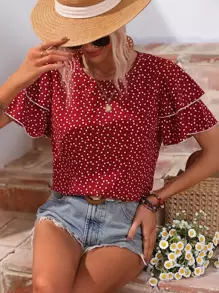 SHEIN LUNE Allover Heart Print Layered Sleeve Blouse - Burgundy - View 7