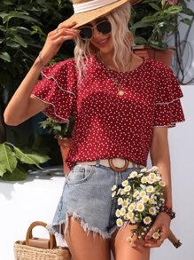 SHEIN LUNE Allover Heart Print Layered Sleeve Blouse - Burgundy - View 4