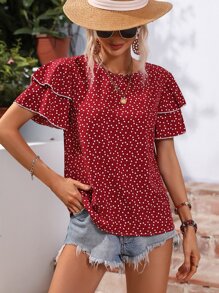 SHEIN LUNE Allover Heart Print Layered Sleeve Blouse - Burgundy - View 5
