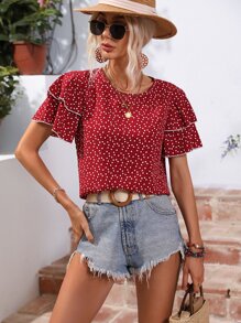 SHEIN LUNE Allover Heart Print Layered Sleeve Blouse - Burgundy - View 6