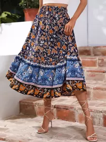 SHEIN VCAY Falda con estampado floral bajo con fruncido - Azul - Ver 1