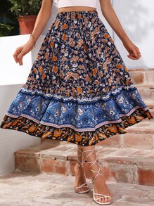 SHEIN VCAY Falda con estampado floral bajo con fruncido - Azul - Ver 3