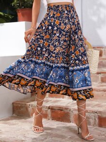 SHEIN VCAY Falda con estampado floral bajo con fruncido - Azul - Ver 4