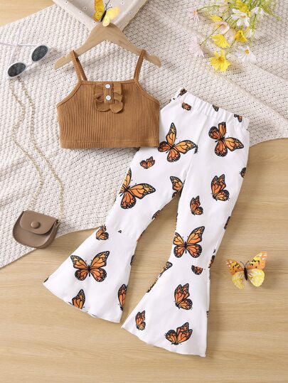 SHEIN Vintaside Kids 少女荷葉邊背心上衣和蝴蝶印花喇叭褲