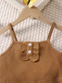 SHEIN Vintaside Kids Top De Tirantes Para Niña Con Ribetes De Volantes Y Pantalones Acampanados Con Estampado De Mariposas - Multicolor - Ver 3