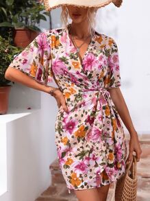 SHEIN VCAY 印花蝴蝶袖側打結圍裹式洋裝 - 彩色 - 查看 1