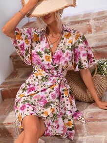 SHEIN VCAY 印花蝴蝶袖側打結圍裹式洋裝 - 彩色 - 查看 6