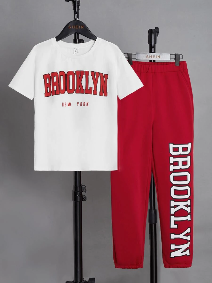 SHEIN Boys Letter Graphic Tee & Joggers - Red and White - View 1