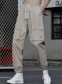 Manfinity Men Flap Pocket Drawstring Waist Cargo Trousers - Khaki - View 3