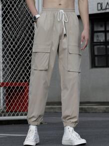Manfinity Men Flap Pocket Drawstring Waist Cargo Trousers - Khaki - View 5