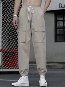 Manfinity Men Flap Pocket Drawstring Waist Cargo Trousers - Khaki - View 6
