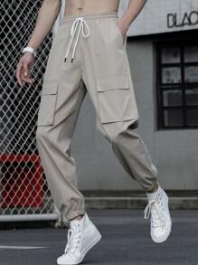 Manfinity Men Flap Pocket Drawstring Waist Cargo Trousers - Khaki - View 7
