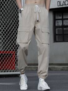 Manfinity Men Flap Pocket Drawstring Waist Cargo Trousers - Khaki - View 8