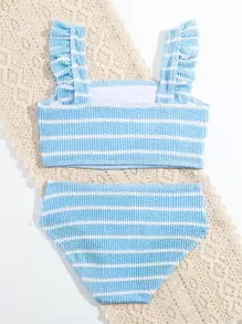 Juego de bikini de tela especial con rayas azules y blancas contrastantes para chica joven de playa de verano - Azul y blanco - Ver 2