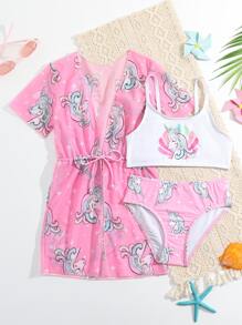 SHEIN 年轻女孩独角兽印花比基尼套装与和服夏日海滩