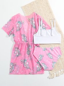 SHEIN 年轻女孩独角兽印花比基尼套装与和服夏日海滩