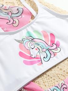 SHEIN 年轻女孩独角兽印花比基尼套装与和服夏日海滩