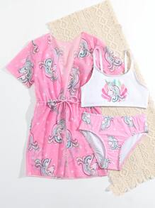 SHEIN 年轻女孩独角兽印花比基尼套装与和服夏日海滩