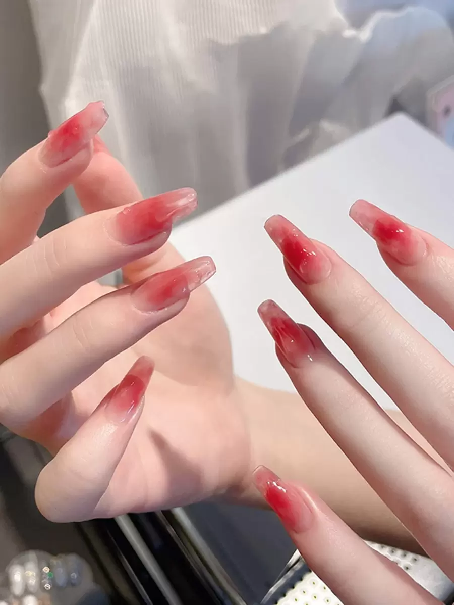 Get Glamorous with 24pcs Long Coffin Red Blush Smudged Fake Nail & 1pc Nail File & 1sheet Tape - Multicolor - View 1