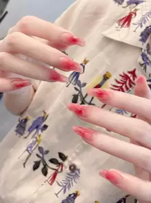 Get Glamorous with 24pcs Long Coffin Red Blush Smudged Fake Nail & 1pc Nail File & 1sheet Tape - Multicolor - View 2