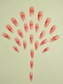 Get Glamorous with 24pcs Long Coffin Red Blush Smudged Fake Nail & 1pc Nail File & 1sheet Tape - Multicolor - View 3