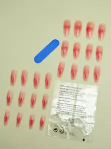 Get Glamorous with 24pcs Long Coffin Red Blush Smudged Fake Nail & 1pc Nail File & 1sheet Tape - Multicolor - View 4