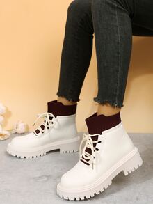 Two Tone Lace-up Front Combat Boots - Beige - View 1