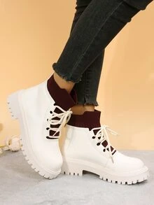 Two Tone Lace-up Front Combat Boots - Beige - View 4