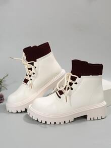 Two Tone Lace-up Front Combat Boots - Beige - View 6