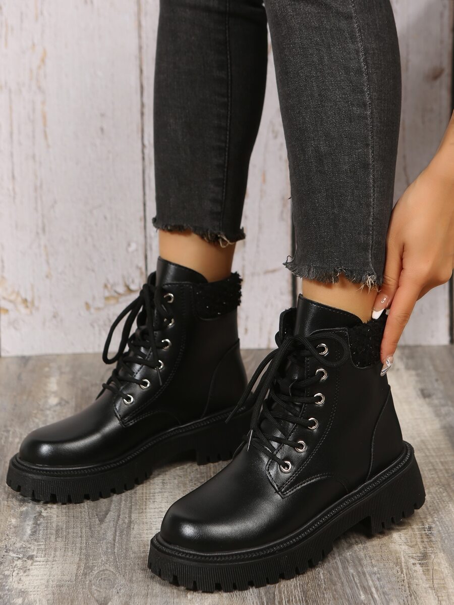 Frayed Detail Lace-up Front Combat Boots - Black - View 1