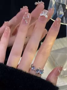 Elevate Your Style with 24pcs Short Square Glitter Rhinestone 3D Bow Decor Fake Nail & 1pc Nail File & 1sheet Tape - Multicolor - View 1