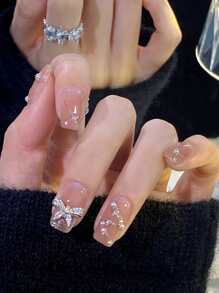 Elevate Your Style with 24pcs Short Square Glitter Rhinestone 3D Bow Decor Fake Nail & 1pc Nail File & 1sheet Tape - Multicolor - View 5