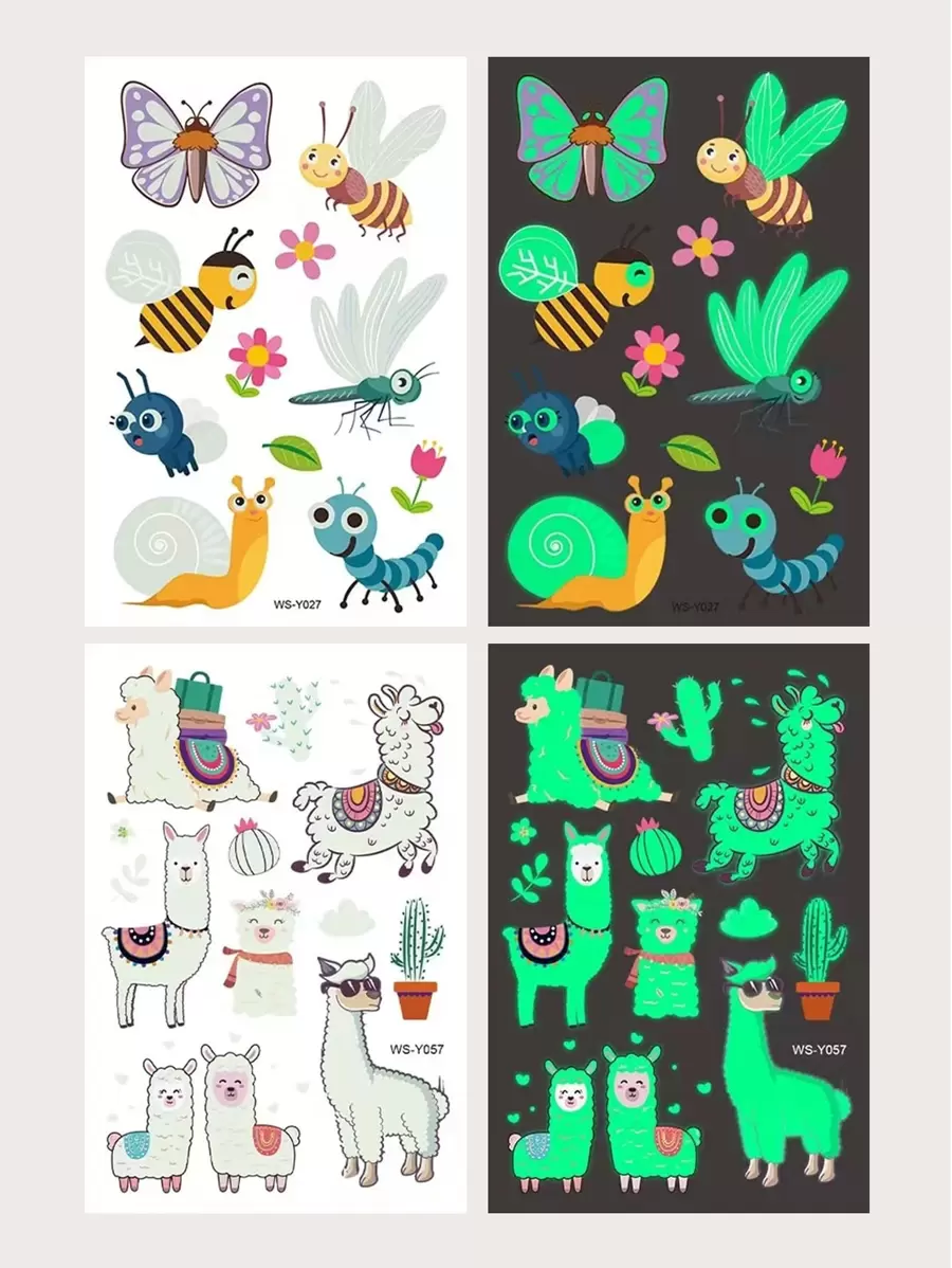 2張羊駝和蜜蜂樣式夜光紋身貼紙 - 彩色 - 查看 1