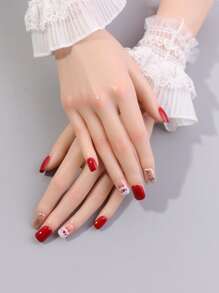 Christmas 24pcs Short Square Elk Print Fake Nail & 1pc Nail File & 1sheet Tape - Multicolor - View 1