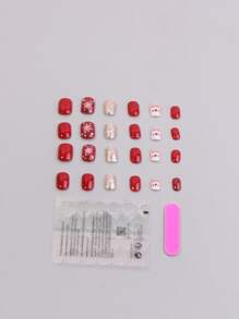 Christmas 24pcs Short Square Elk Print Fake Nail & 1pc Nail File & 1sheet Tape - Multicolor - View 2