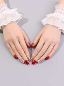 Christmas 24pcs Short Square Elk Print Fake Nail & 1pc Nail File & 1sheet Tape - Multicolor - View 6