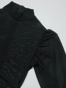 Hauture 小高領燈籠袖魚尾裙下擺網紗超長緊身連衣裙不附帶內衣褲套裝 - 黑色 - 查看 7