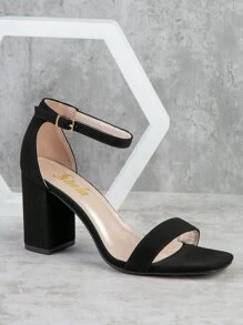 SHUZIA Sandalias de correa de tobillo de tacón grueso minimalista para mujer, elegantes sandalias de tacón negro