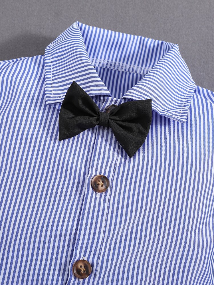 小男童條紋圖案前蝴蝶結襯衫和背帶短褲 - 彩色 - 查看 6