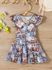 Niñitas Vestido con estampado floral de manga con volante bajo con fruncido - Multicolor - Ver 1
