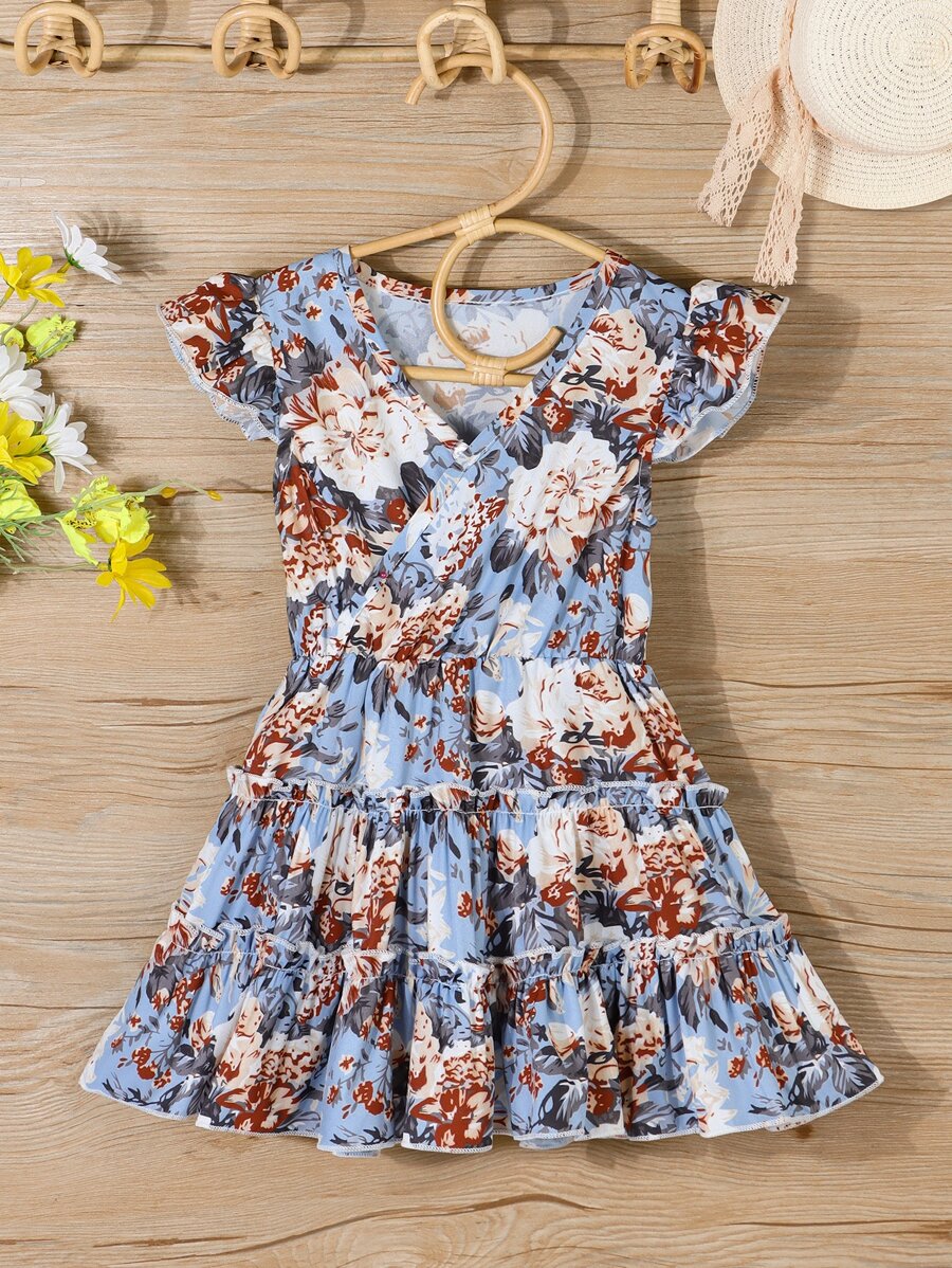 Niñitas Vestido con estampado floral de manga con volante bajo con fruncido - Multicolor - Ver 1