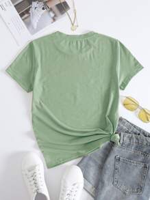 SHEIN LUNE 雛菊和字母圖案T恤 - 薄荷綠 - 查看 2