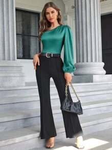 SHEIN BAE One Shoulder Lantern Sleeve Blouse - Dark Green - View 4