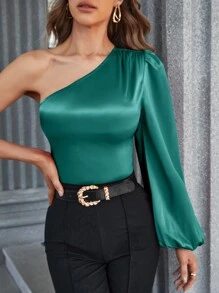 SHEIN BAE One Shoulder Lantern Sleeve Blouse - Dark Green - View 5